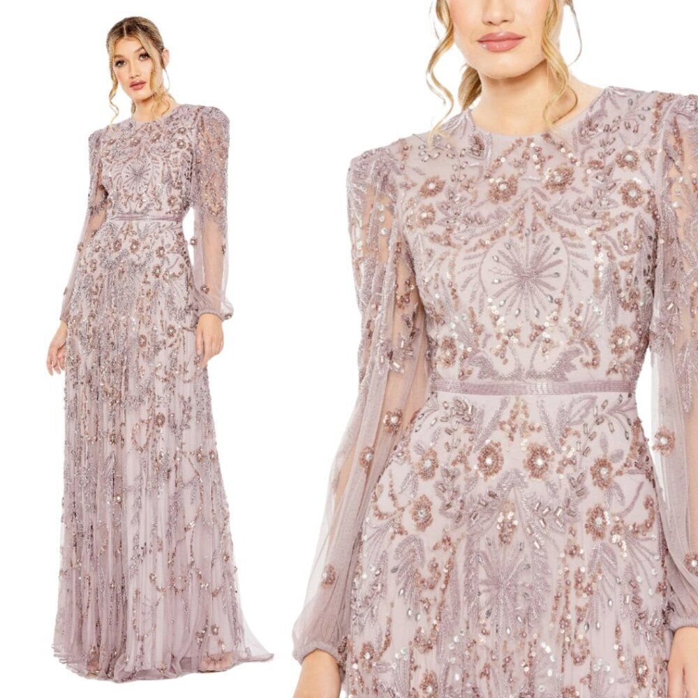$798 Mac Duggal‎ 93930 Size 14 Pink Purple Long Sleeve Evening Maxi Dress Gown